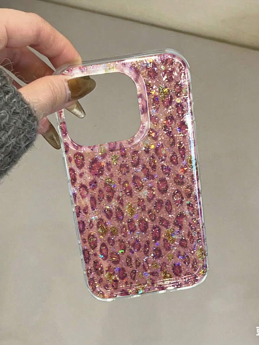 豹纹半透明环氧树脂闪光平面印花时尚简约防震手机壳，兼容 17/17 Pro Max、16/15 XR/7/8、16 Pro Max、13/14/14 Pro Max、11/12/12 Pro Max、XS/XR/7/8/SE2 - 彩色 - 查看 1