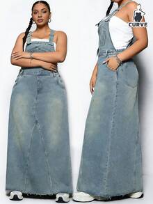Women's Plus Size Denim Overall Dress Adjustable Shoulder Straps Frayed Hem Design Loose Fit Oversized Long Dress Casual Elegant Outfit Daily - 海藍色 - 查看 6