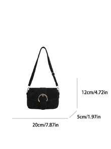 1pc Girls' Solid Color Polyester Snap Closure Retro Shoulder Bag, Suitable For Autumn/Winter Everyday Use - Black - View 2