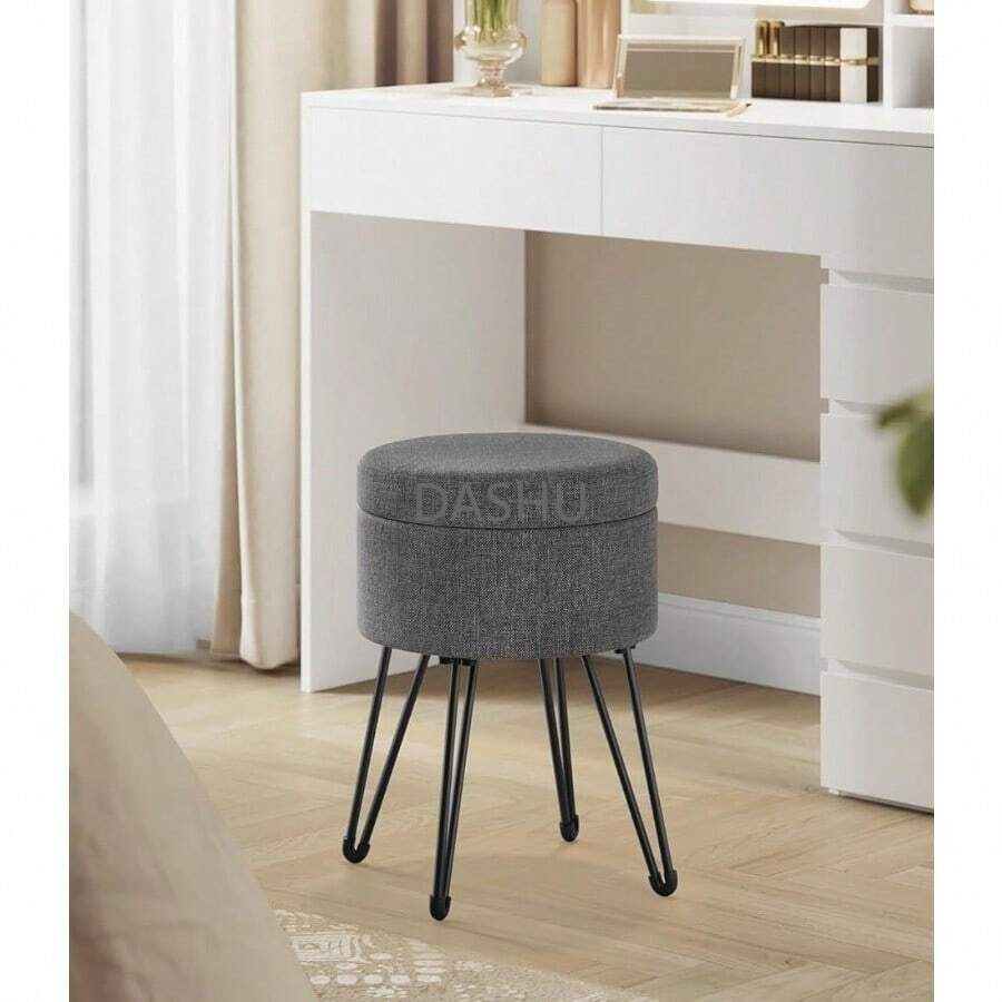 pequeño Taburete otomano con Almacenamiento, Taburete de tocador, Silla de tocador, 39 de diámetro x 17.4 Pulgadas, 4 Patas de Metal, para Sala de Maquillaje, Sala de Estar, Dormitorio - Gris (gris pizarra) - Ver 1