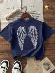 Women's Summer New Simple Slogan Print Casual Vacation Style Loose Fit Round Neck Short Sleeve T-Shirt, Fashionable Everyday Top, Suitable For Daily And Vacation Wear. Women's T-Shirt Top. - Navy Blue - View 7