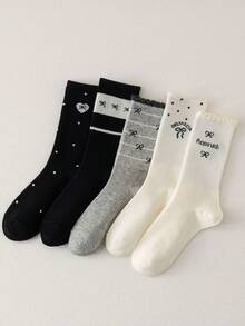 5双黑白蝴蝶结图案中筒袜，优雅女士款式，秋冬款 - 彩色 - 查看 7