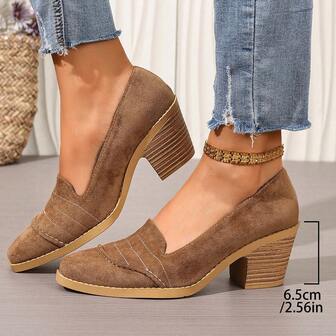 Bombas de tacón grueso con slip-on para mujer, nuevos zapatos de tacón alto para primavera/otoño, mocasines de moda de unicolor con suela gruesa