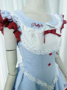 Japanese Sweet Cherry Ball Blue Plaid Dress Summer Cute Lolita Little Flutter Sleeve Puffy Princess Dress - váy công chúa kẻ caro xanh - Xem 7