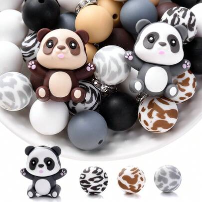 28 st/set söta panda silikonpärlor, svartvit panda med 15 mm leopardmönstrade runda pärlor och 8 mm glasstraspärlor, gör-det-själv smyckestillverkningskit, armband, halsband, festgåva