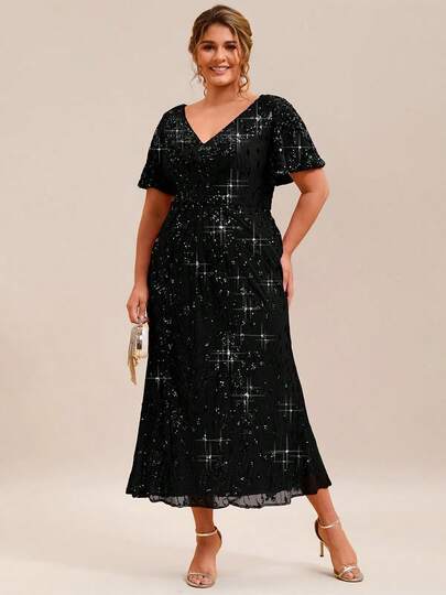 EVERPRETTY Plus Size Summer Women's Elegant V-Neck Sequin Short Sleeve Mermaid Style Maxi Dress Suitable For Evening Gala, Festivals Wedding Guest Dress Curve Prom Dresses For Women Formal Occasions Party