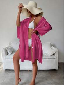 Women's Beach Cover-Up Kimono With Batwing Sleeves, Lightweight, Summer - Hot Pink - View 4