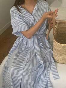 Vestido mediano y largo de mujer Vestido camisero de rayas vintage de verano para mujer, estilo suelto y largo medio, con cinturón para ceñir la cintura y efecto adelgazante - Azul - Ver 5