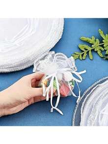 50个25/35厘米绳状圆形欧根纱珠宝圣诞袋婚礼派对礼品袋、糖果饼干包装袋 - 彩色 - 查看 3