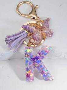 Chaveiro com inicial (1 unidade), pingente de floco de neve em resina, acessório decorativo para bolsas femininas, pingente de borboleta, presente. - Roxa - Ver 10