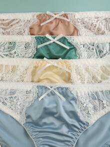 4pcs/Pack Women's Shiny Lace Bikini Panties, Mid-Waist Bow Decor Comfortable Underwear, Suitable For All Seasons - Multicolor - View 6