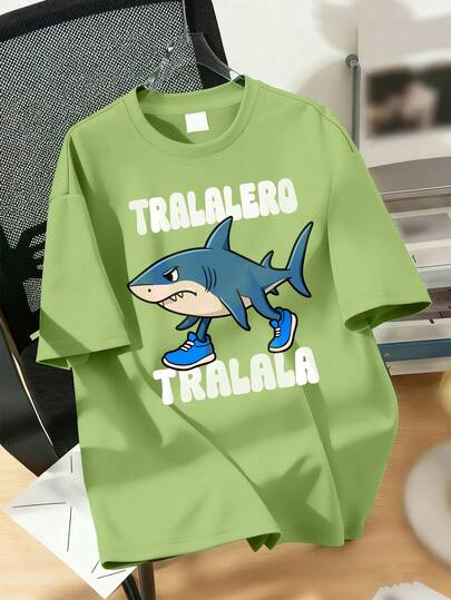 青少年男童服装，儿童服饰，鲨鱼印花T恤搭配运动鞋 - 休闲宽松短袖运动服，圆领男童短袖T恤 - 完美的夏季礼物，适合春夏季节上学和户外活动穿着
