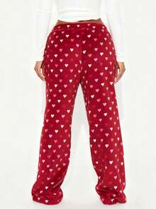 Valentine's Day Womens Pants Heart Print Elastic Drawstring Waistband Wide Leg Loose Fit Trousers Casual Daily Wear - Màu hồng gỉ - Xem 4