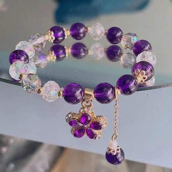 1個 天然アメジストブレスレット、キュービックジルコニア クリスタル フラワーペンダント、縁起の良い意味、富を呼び込める、女性、女の子、彼女、バレンタインデー、母の日に最適なギフト