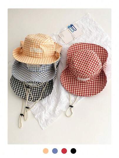 1pc Vintage Check Pattern Patchwork Contrast Color Drawstring Wide Brim Bucket Hat, Boho Vacay Spring/Summer Sun Hat, Bright Monochromatic Looks, Tie Strap UV Protection, Travel & Back To School