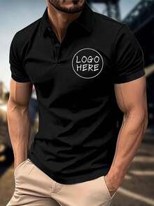 Customizable Men'S Polo Shirt - Personalized Short Sleeve, Light Business Casual Design With "LOGO HERE" Placeholder, Perfect Gift For Friends, Family, Or Partner, Casual Summer Wear | Personalized Gift | Buttoned Collar Shirt - Black - View 6