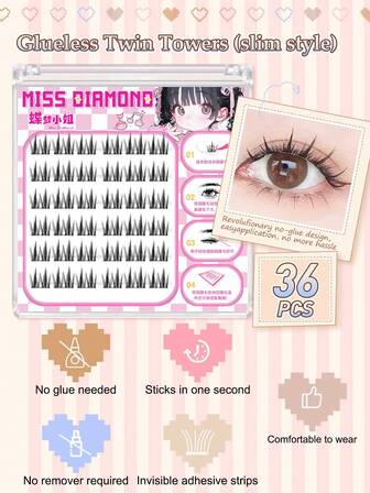 36pcs Delicate Style False Eyelashes - 16mm, Fiber Material, Comfortable & Soft, Curled & Long-Lasting, No Glue Needed, Suitable For Daily, Date, Party Makeup And Beginner Practice