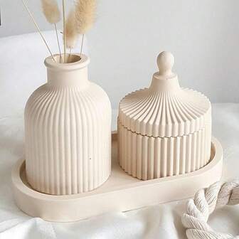 4Pcs DIY Circular Stripe Vase Mold Mongolian Tower Shaped Candle Jar Jewelry Storage Box With Lid Oval Base Plate Tray Coaster Silicone Mold Set Concrete Plaster Mold Epoxy Resin Drip Mold Home Desktop Decor Ornaments