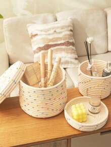 1pc/2pcs Dotted Rope Woven Storage Basket With Lid For Desk And Living Space - Versatile Desktop Organizer Box For Keys, Small Parts, Jewelry, Office Supplies, Craft Accessories; Elegant Home Decor, Boho Charm, Rustic Charm Storage Solution, Rope Weave, Lightweight Yet Sturdy, Keeps Clutter Out Of Sight, Ideal Gift For Home Organization, Entryway, Kitchen Countertop, Closet, Living Room, Study, Dorm Room, Modern Cozy Styling