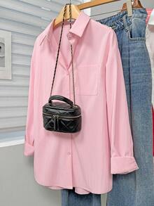 Casual Women's Pink Drop Shoulder Long Sleeve Shirt Collar Blouse With Buttons And Pocket Details Regular Length - Pink - View 3