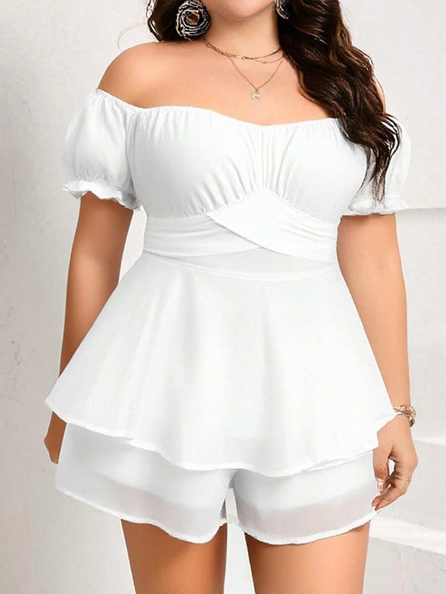 Women's Summer Plus Size Jumpsuit Shorts Solid Color Short Sleeve Off Shoulder Wide Leg Playsuit - trắng - Xem 1