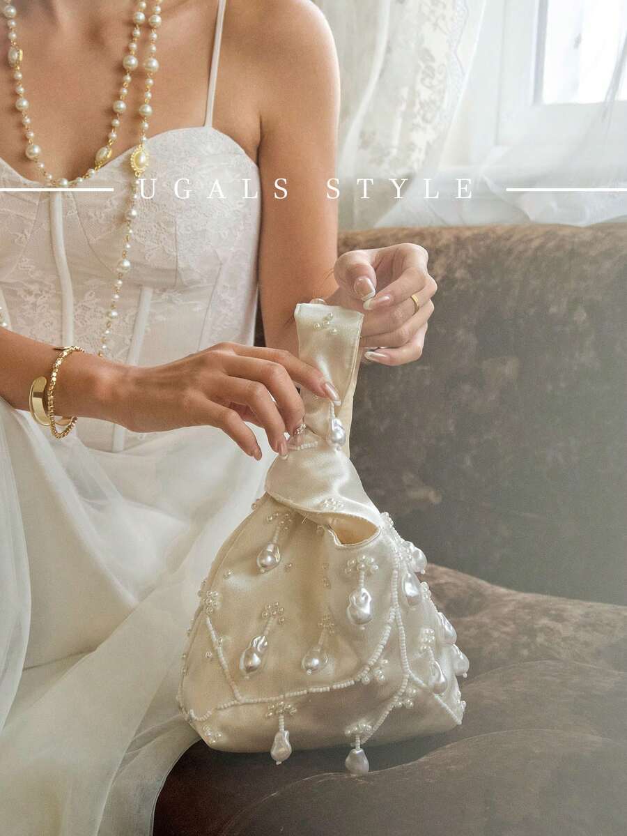 奢华女士珍珠迷你手提包,纯色优雅派对手拿包,适合正式场合、派对,可搭配日常服装、礼服、生日礼服。 - 白色 - 查看 1