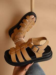 女士平底凉鞋，新款夏季厚底黑色凉鞋，罗马风格凉鞋，防滑百搭时尚休闲沙滩凉鞋 - 卡其色 - 查看 5