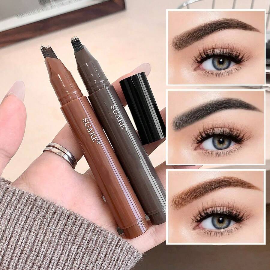 1pc 4D Liquid Eyebrow Pencil With Multi-Prong Tip, Smudge-Proof, Long-Lasting, Quick Drying, Available In Dark Brown, Ash Brown, Black, Light Brown