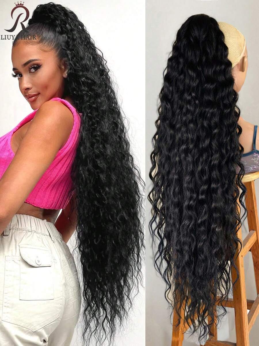 36 Inch Long Black Curly Ponytail Wig, Lightweight Fluffy Natural Wave Drawstring Ponytail, Multi-Layer Soft Clip-In Synthetic Hair Extension For Women