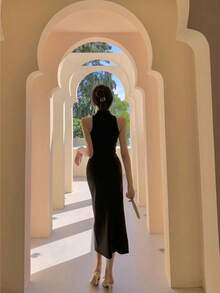 Đầm midi ôm sát cổ khoét hình giọt nước kiểu Trung Quốc mới dành cho nữ, đầm maxi không tay cổ đứng ôm dáng, thích hợp cho tiệc tùng, màu đen. - màu đen - Xem 6