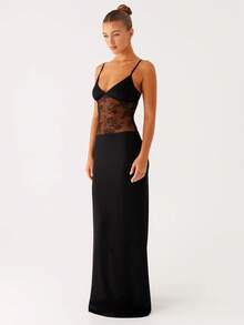 Sleeveless Lace Patchwork Fitted Long Dress Black Summer - Black - View 5