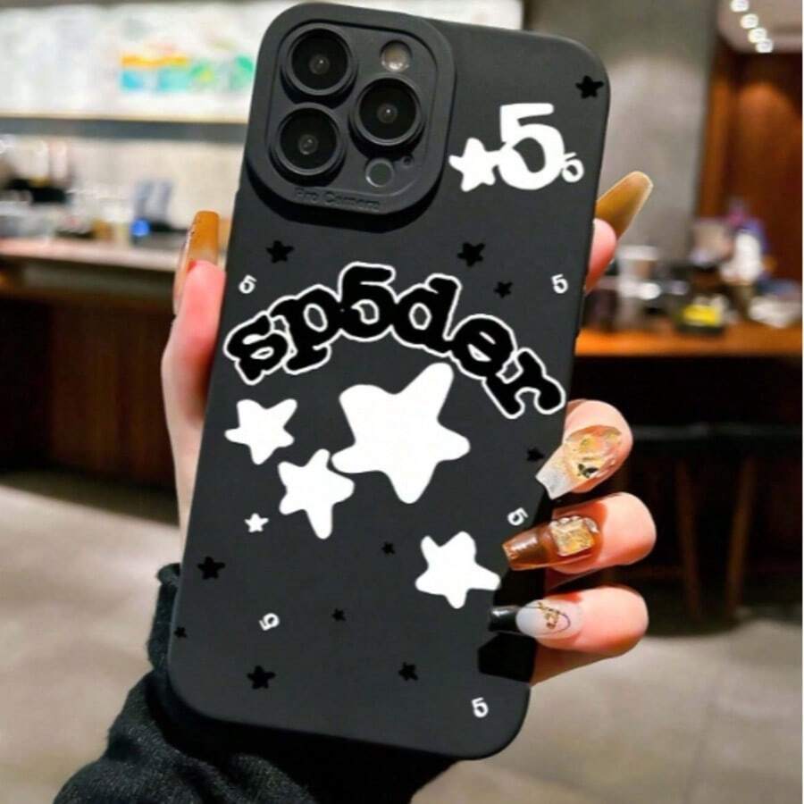 1pc New Fashionable English Text & Star Pattern Collage Print Protective Phone Case, Compatible With IPhone 16 Pro Max, 14, 13, 12, 11 Pro Max, XS Max, X, XR, 8, 7, 6S, Plus, Suitable As Birthday Gift, Girlfriend/Boyfriend Or Personal Use - White - View 1