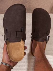 Men's Black Faux PU Leather Adjustable Strap Slippers With Gold-Tone Hardware, Comfortable For Indoor/Outdoor Wear, Round Toe With Rubber Sole, Suitable For Casual, Office, Beach And More Occasions - Dark Brown - View 4