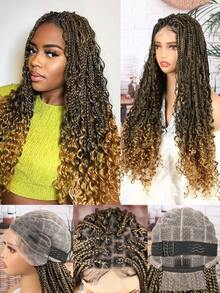 32 Inches Full Double Lace Front Square Knotless Box Braided Wigs With Boho Curls Ends Black Mix Brown Box Braids Wig With Baby Hair For American Women Synthetic Lace Frontal Braid Wigs Daily Used Christmas , New Year, Carnival, Music Festival