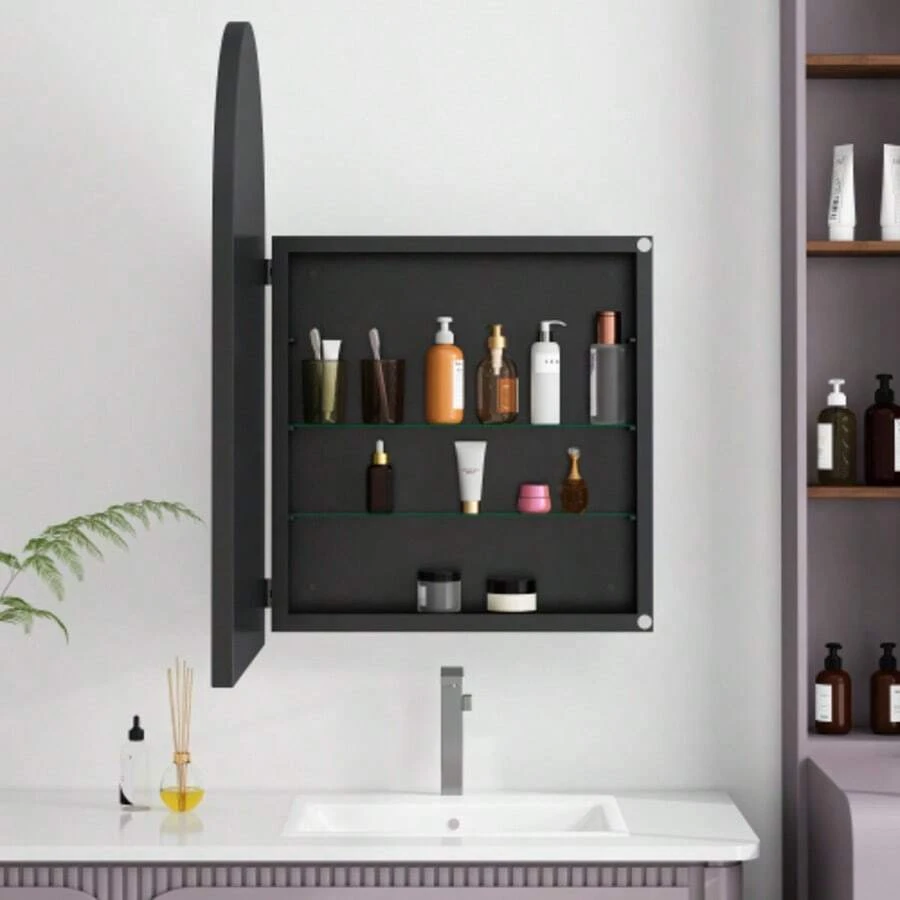 Elegante mobiletto con specchio ad arco, mobiletto per medicinali incassato, mobiletto da parete con cornice in metallo, specchio e ripiani regolabili, mobiletto con specchio con spazio per bagno, soggiorno e camera da letto, nero - nero - Visualizzare 1