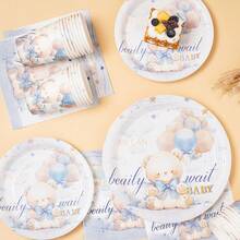 7/9 Inch Star Teddy Bear Disposable Tableware Set, Includes Paper Plates, Cups, Napkins, Suitable For Wedding, Engagement, Birthday Party, Wedding Reception - Multicolor - View 5