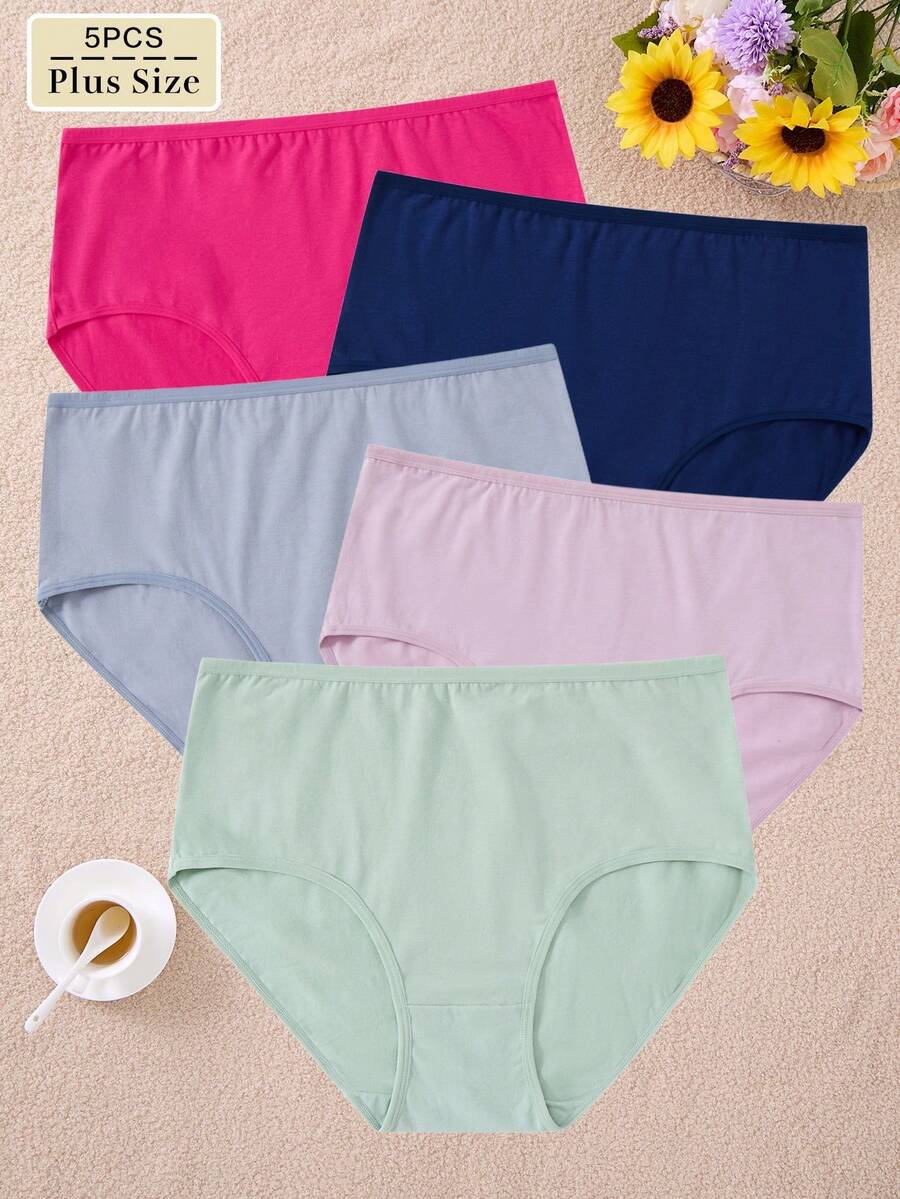 5 piezas Ropa interior de mujer de talla grande de unicolor simple, para todas las temporadas - Multicolor - Ver 1