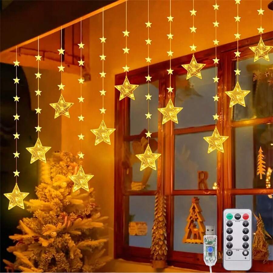 Bộ 1 đèn rèm sao Ramadan - 120 đèn LED, nguồn USB, trang trí cửa sổ và phòng ngủ cho lễ Eid, đám cưới, tiệc tùng và trang trí nhà cửa. - Nhiều màu - Xem 1
