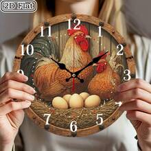 1 Farmhouse Rooster-Shaped Wooden Wall Clock - 10x10inch Silent Non-Ticking Battery Operated - Rustic Decor With Hatching Chick Design, Suitable For Rooms - AA Batteries Not Included, 2D Flat SZ - 1 - Xem 3