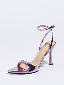 Women's High Heel Sandals, Suitable For Parties, Outdoor, Fashion, Banquets, Pointed Toe, Sexy, Metallic Texture, PU Leather, Delicate Texture, Mule Design, Ankle Strap, Comfortable, Elegant, Casual High Heel Mule Sandals, Purple - Purple - View 5