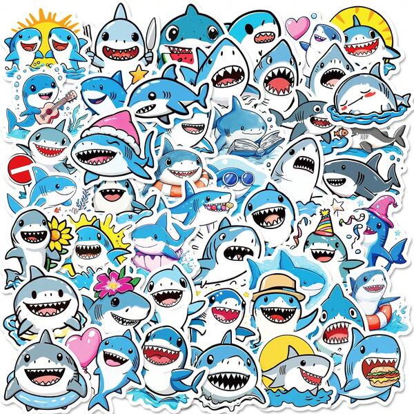 50pcs Cute Kawaii Blue Tone Cartoon Ocean Animal Shark Series Stickers, Suitable For Scrapbooking, Diary, Laptop, Water Bottle, Car And Other Faith-Based Designs, Gifts With Positive Messages