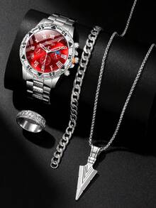 4-Piece Casual Business Men's Quartz Watch Set, Includes Bracelet, Necklace And Ring. Round Dial With Roman Numeral Markers And Alloy Band, An Ideal Gift And Men's Accessory. Silver Fashion Design Showcases A High-End Dark Style, Perfectly Matching Daily Commute Outfits And Eye-Catching Streetwear. - Silver - View 7