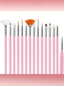 15支装亚克力美甲笔套装，包含15支扇形笔和细节笔，颜色有粉色、白色和黑色，是专业美甲沙龙和家庭DIY美甲设计的完整工具套装。 - 彩色 - 查看 11