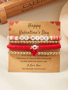 4/5/6pcs Valentine's Day LOVE Bracelet, Multi-Layer Rose, Couple Pink Heart Envelope, Soft Clay Beaded Elastic Bracelet, Valentine's Day Gift - Red - View 14