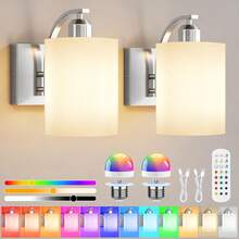 Juego de 2 Lámparas de Pared Inalámbricas Con Foco Recargables, Luces LED y RGB con Control Remoto, Apliques de Pared de Tela, iluminación para Recámara, Sala de Estar, Pasillo(plateado) - Negro - Ver 2