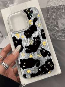 1个可爱黑猫手机壳，兼容 13/17/13/15/14/11/12/16/17 Pro Max/16 Plus，激光银色羽毛纹理防震保护套 - 黑色 - 查看 6