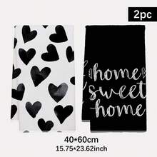 2 khăn lau bếp, khăn lau bát đĩa siêu thấm hút bằng sợi microfiber in hình trái tim đen và chữ "HOME", hình chữ nhật 40*60cm, thích hợp làm khăn lau bát đĩa, khăn lau tay, quà tặng trang trí nhà bếp ngày Valentine hoặc quà tân gia. - màu đen - Xem 2