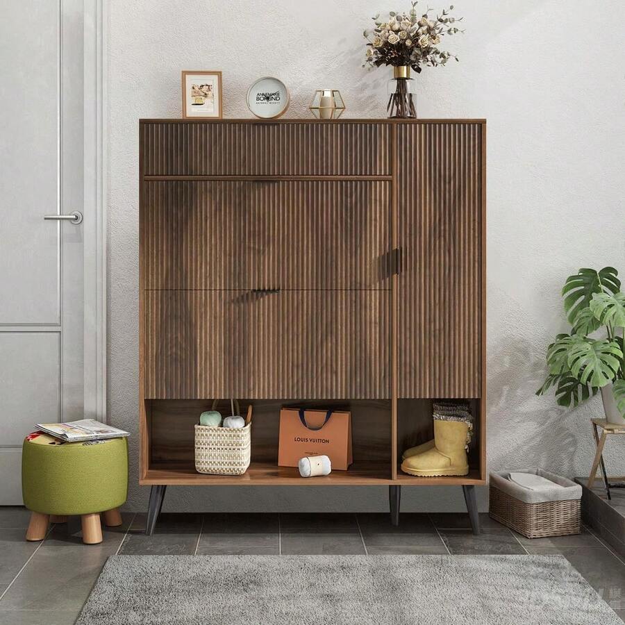 Narrow Shoe Storage Cabinet, Shoe Organizer With 2 Flip Drawers 5-Tier, Removable Freestanding Hidden Shoe Storage Cabinet For Entryway, Hallway - 核桃 - 查看 1