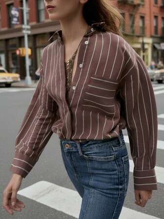 女士时尚休闲条纹衬衫，翻领，带口袋，前襟纽扣，适合办公室、通勤、街头风格，春夏新款