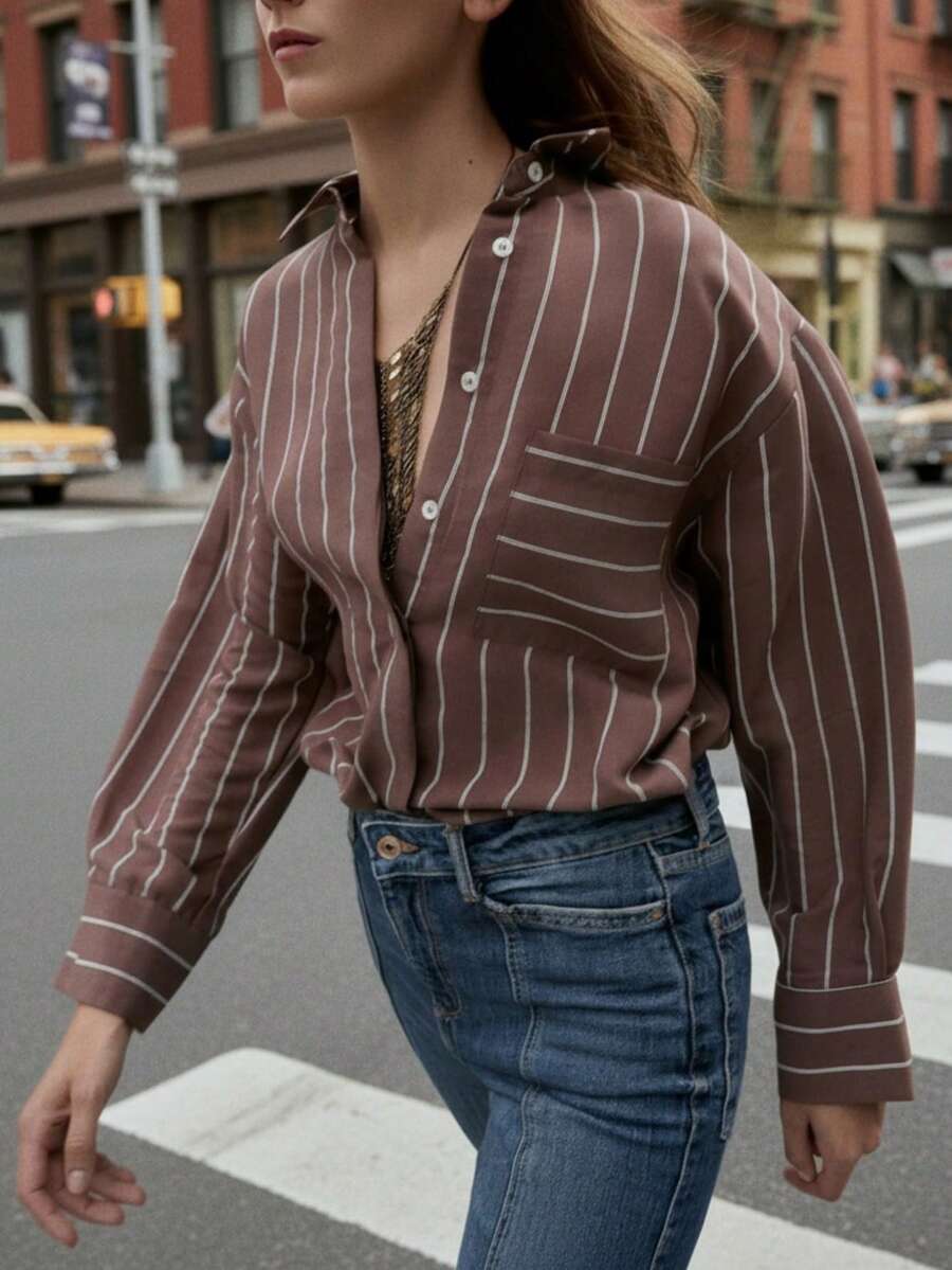 女士时尚休闲条纹衬衫，翻领，带口袋，前襟纽扣，适合办公室、通勤、街头风格，春夏新款